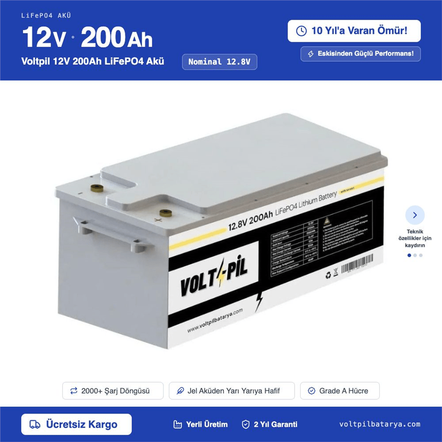Voltpil 12.8V 200Ah LiFePO4 Akü