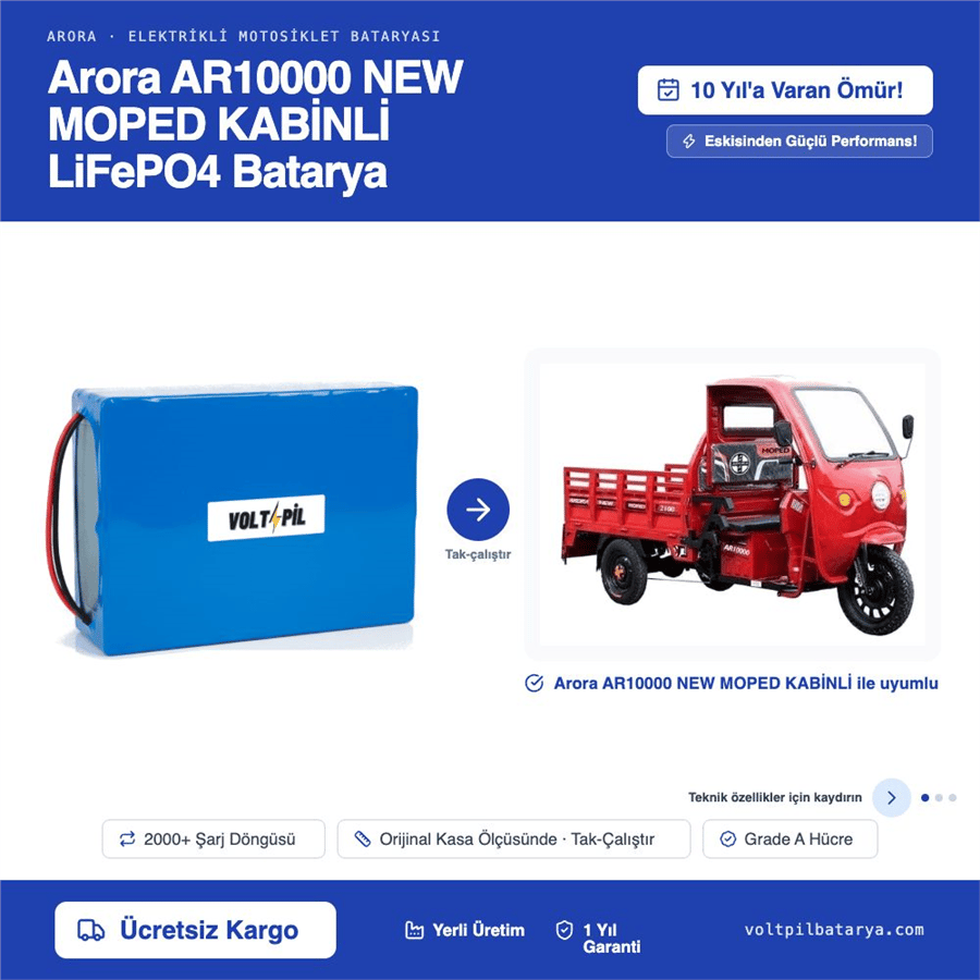 Arora AR10000 NEW MOPED KABİNLİ Lityum LiFePO4 Batarya