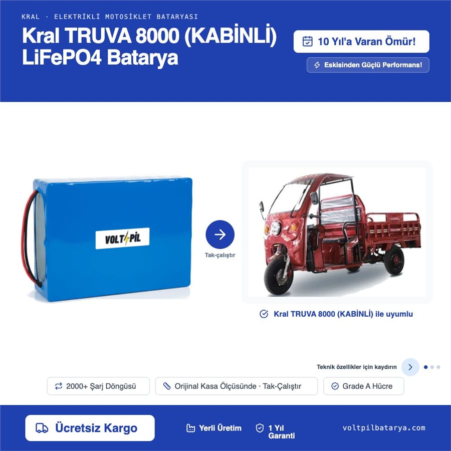 KRAL TRUVA 8000 (KABİNLİ) Lityum Bluetoothlu LiFePO4 Bataya