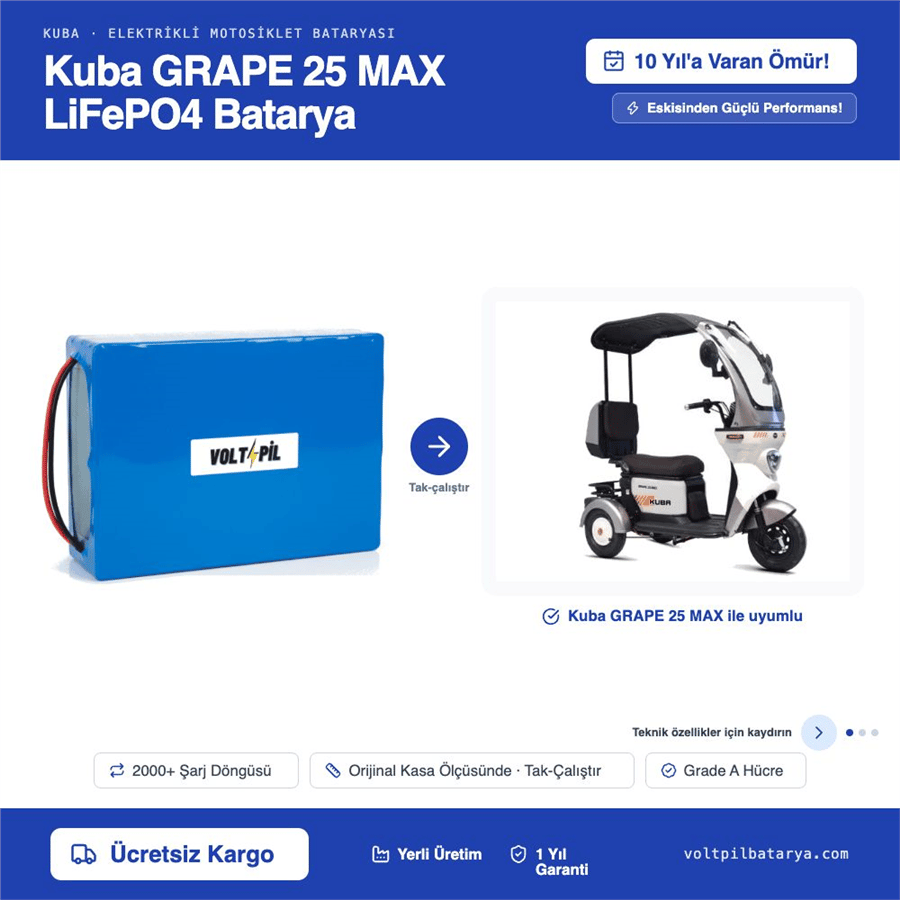 KUBA GRAPE 25 MAX Lityum LiFePO4 Batarya