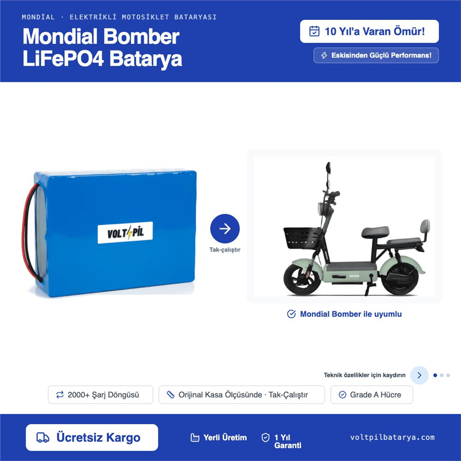 Mondial Bomber Lityum LiFePO4 Batarya