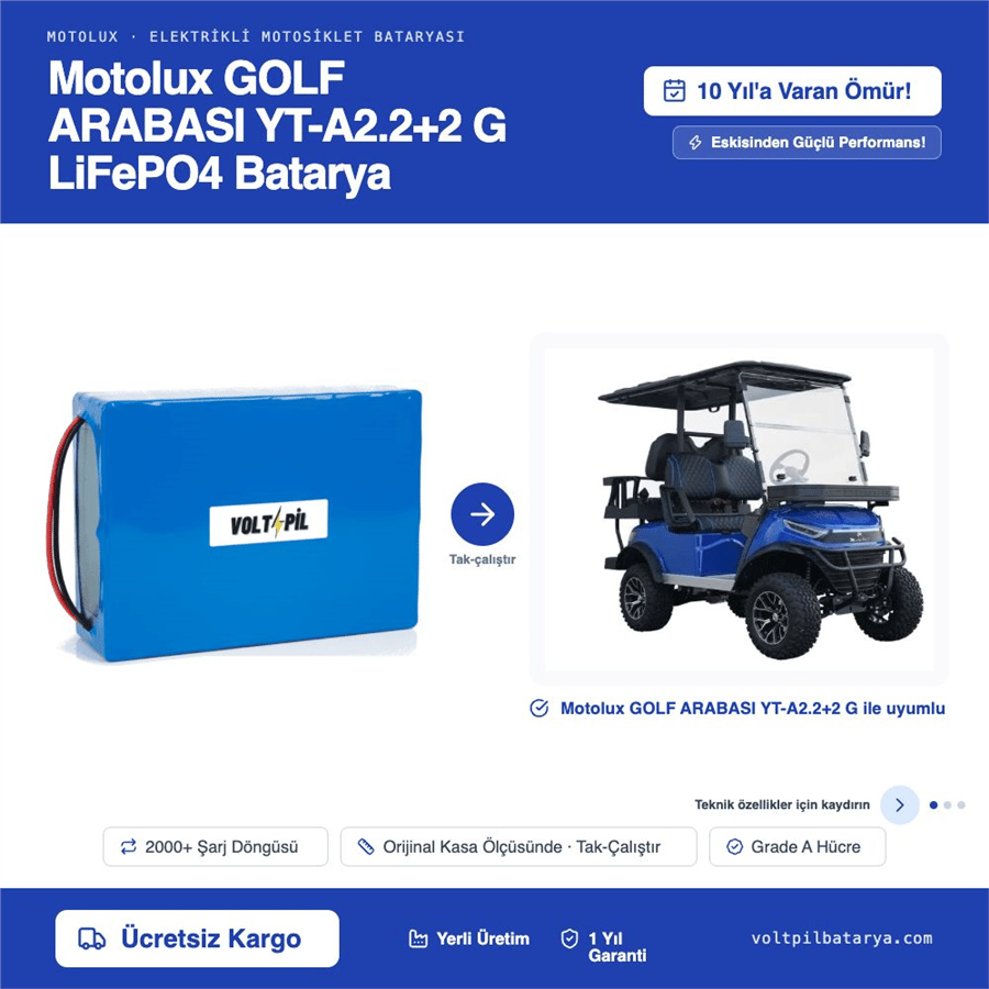 Motolux GOLF ARABASI YT-A2.2+2 G Lityum Bluetoothlu LiFePO4 Bataya