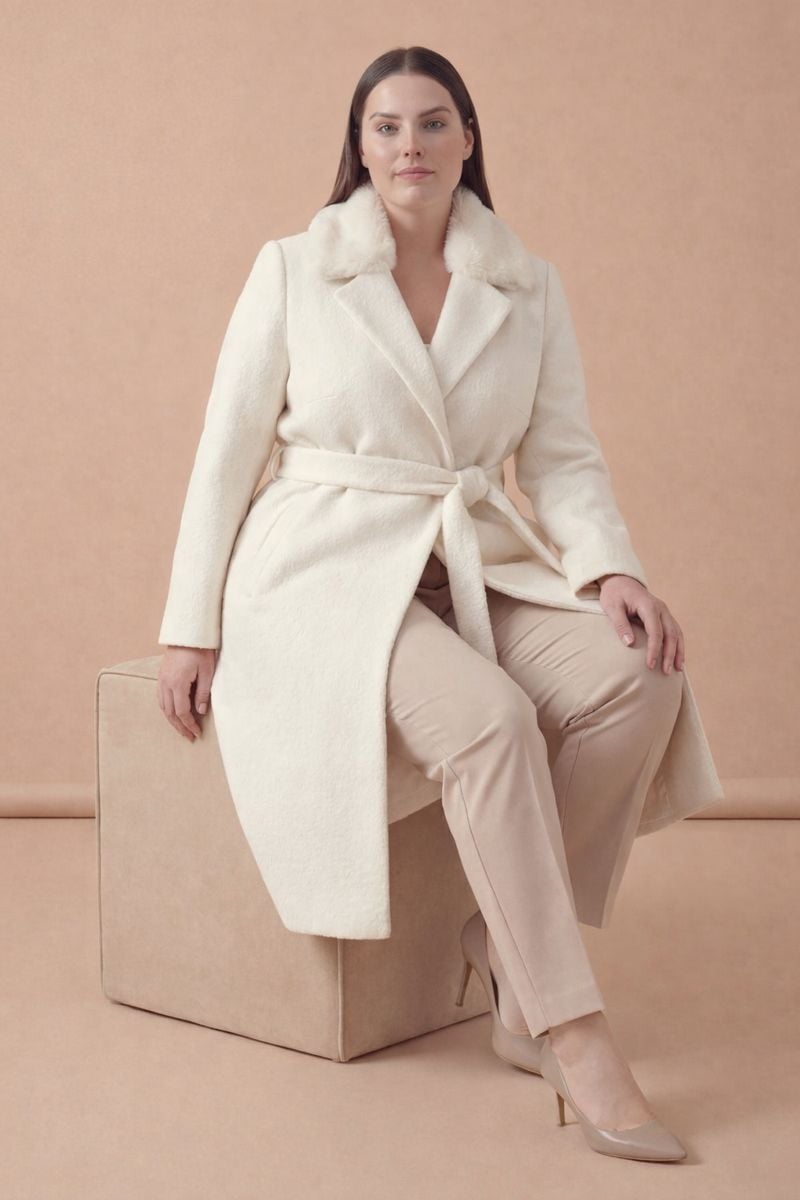Yakası Kürk Detaylı Yan Cep Kaban EKRU