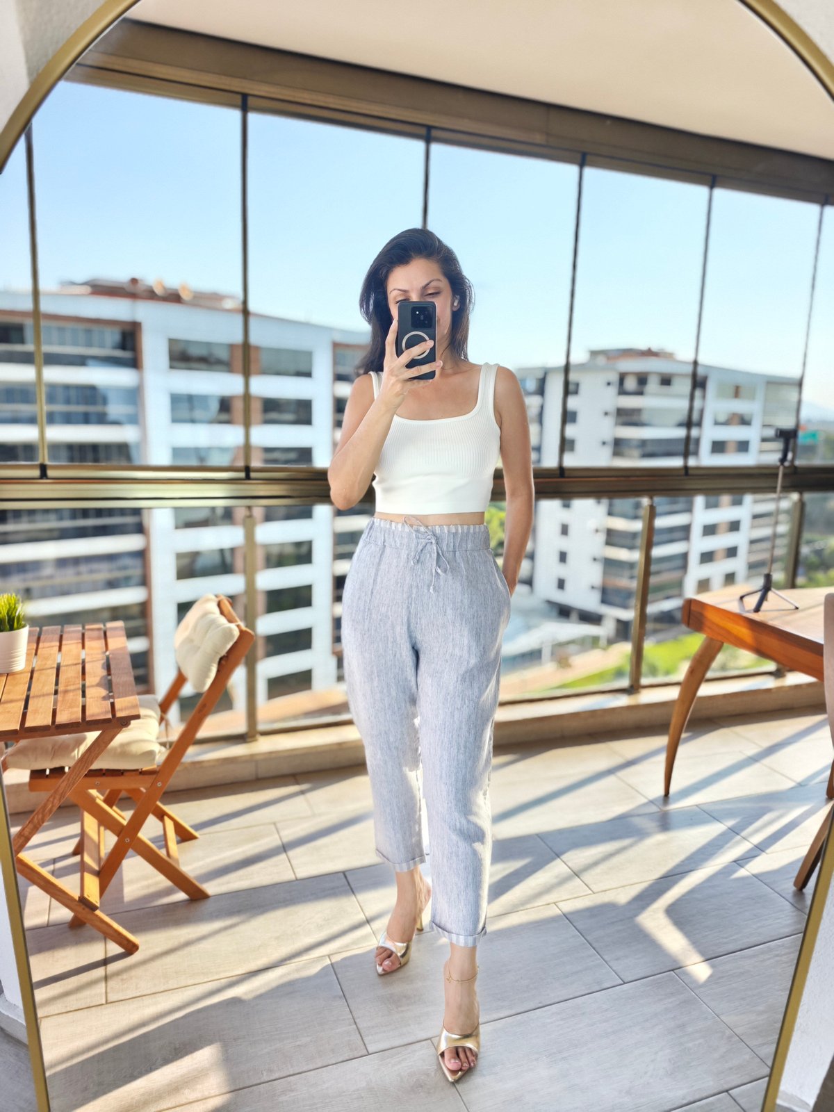 Çizgi Dokulu Bağcıklı Pantolon Gri