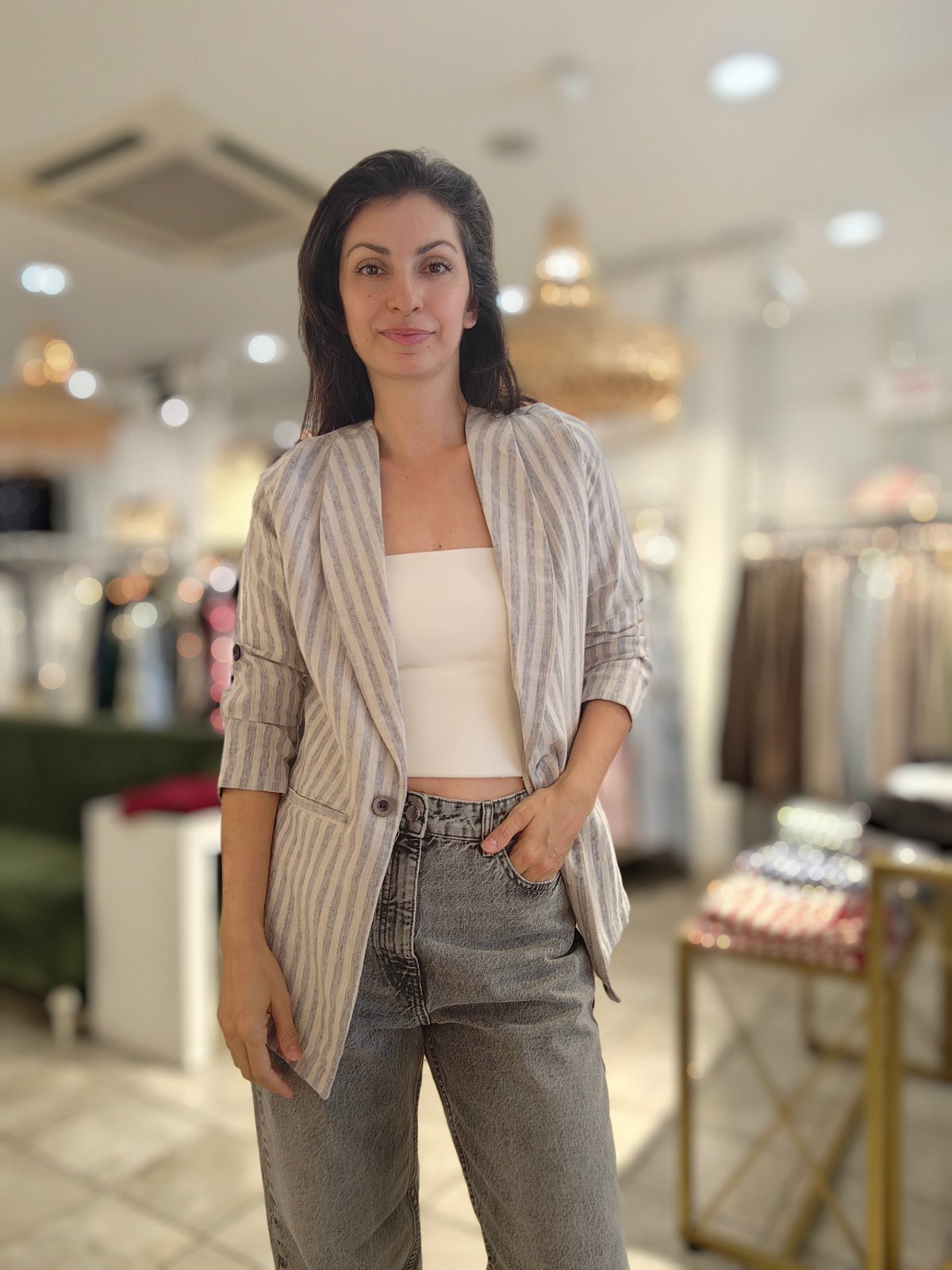 Kendinden Çizgili Blazer Ceket Gri