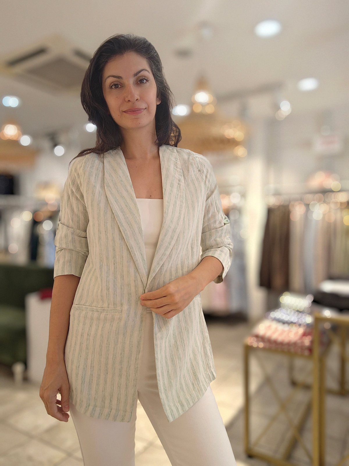 Kendinden Çizgili Blazer Ceket Yeşil