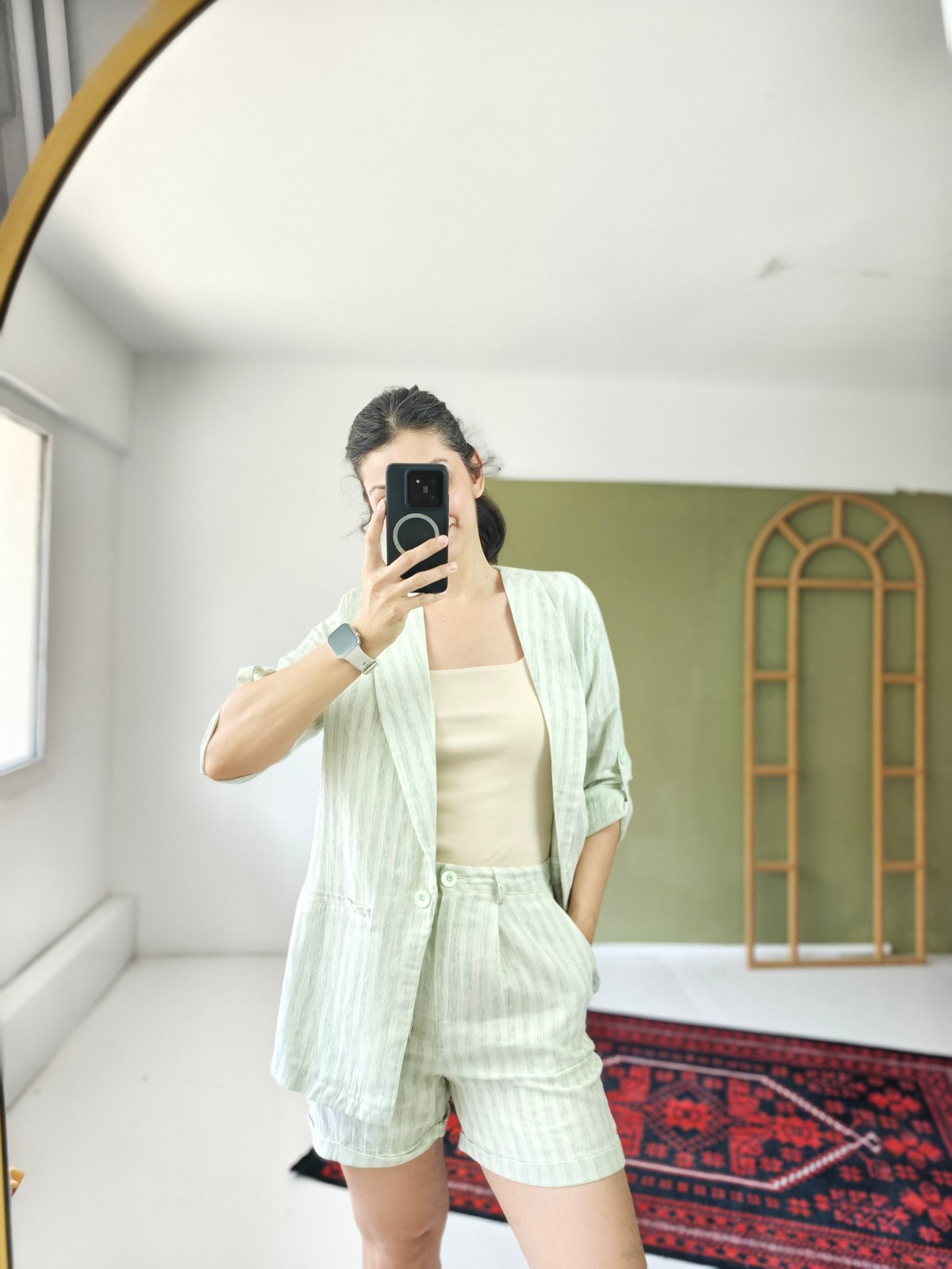 Keten Blazer Ceket Takım Yeşil