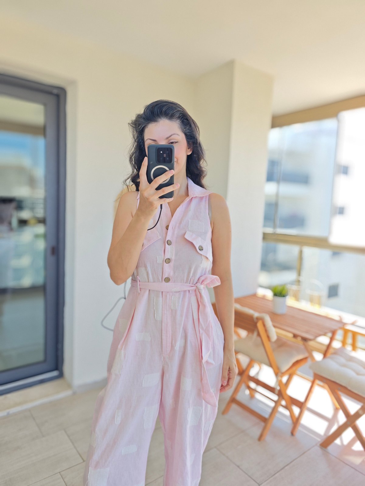 Önden Düğmeli Keten Tulum Pembe