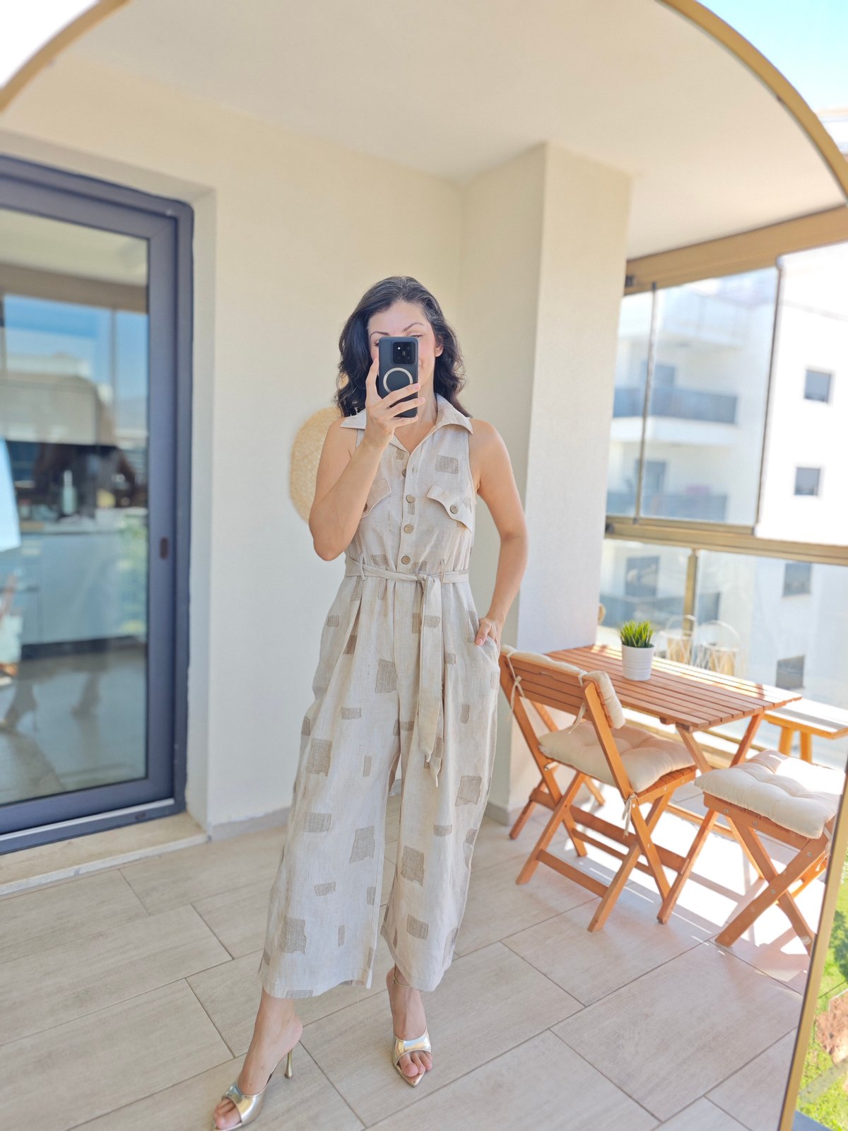Önden Düğmeli Keten Tulum Vizon