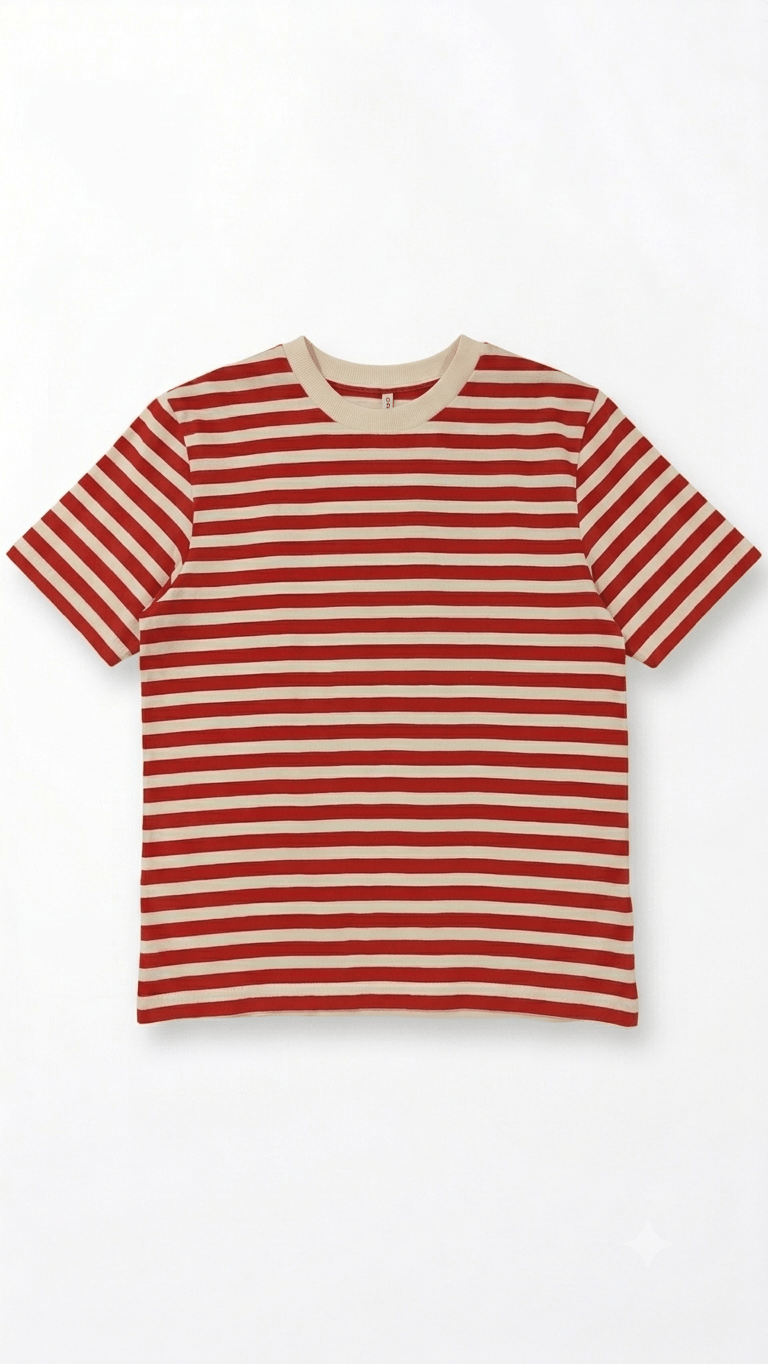 Sıfır Yaka Çizgili Tshirt Kırmızı