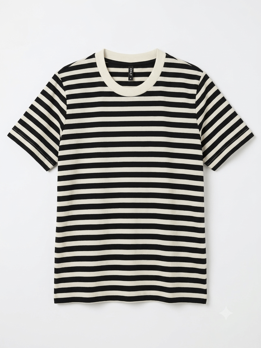 Sıfır Yaka Çizgili Tshirt Siyah