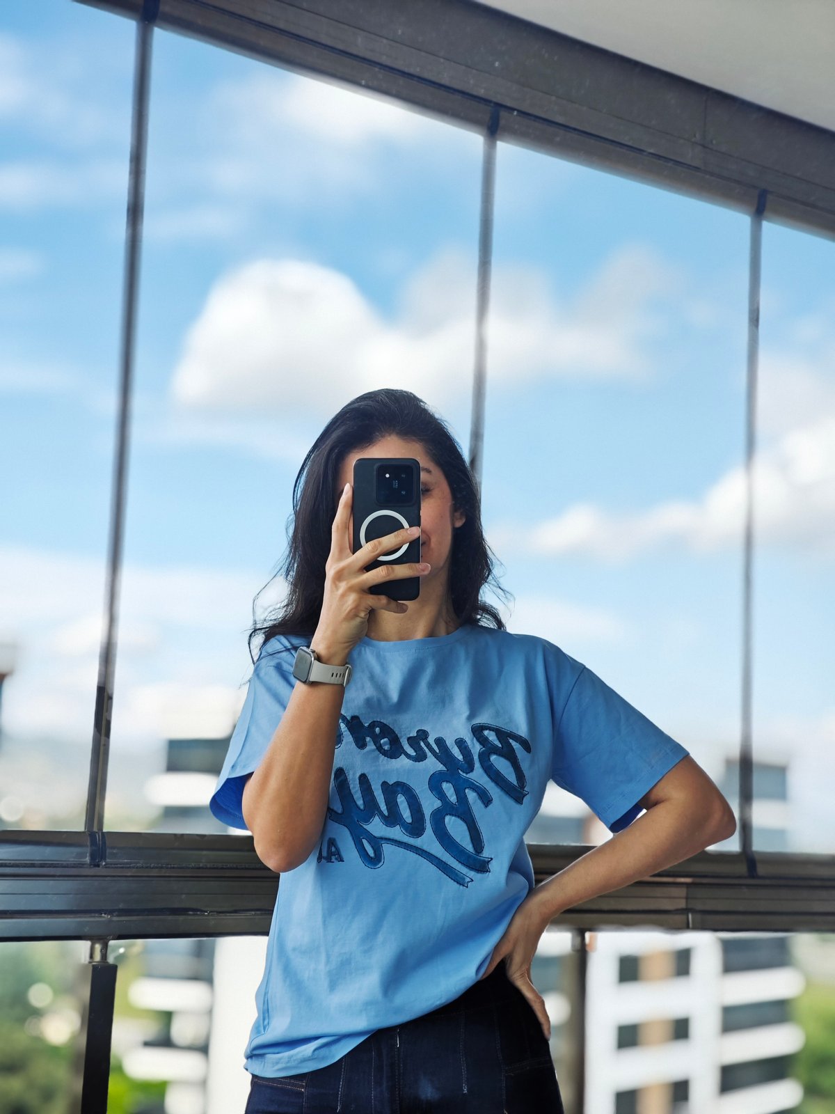 Yazı Detaylı T-shirt Mavi