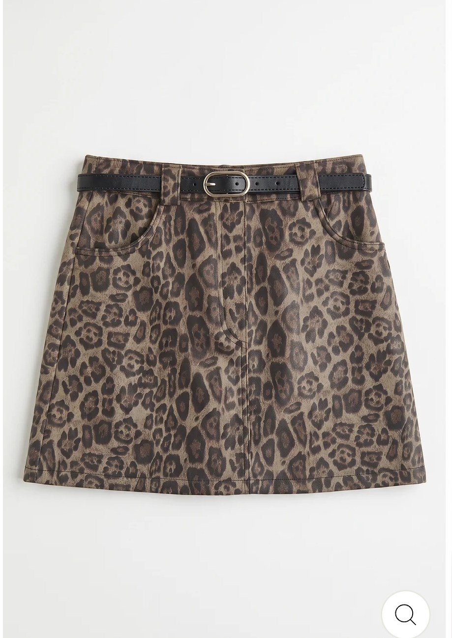 Kemerli Leopar Desenli Mini Etek
