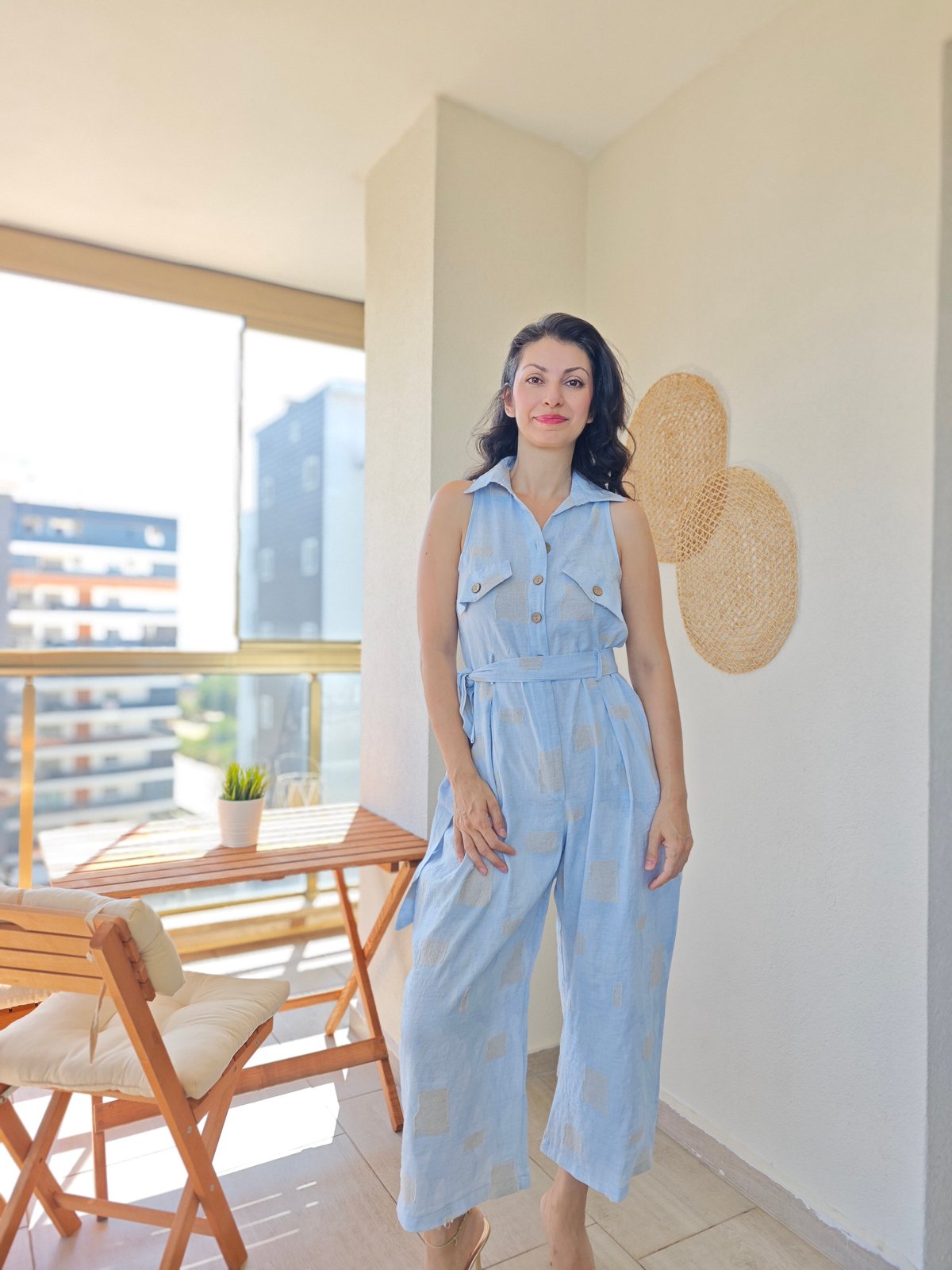 Önden Düğmeli Keten Tulum Mavi
