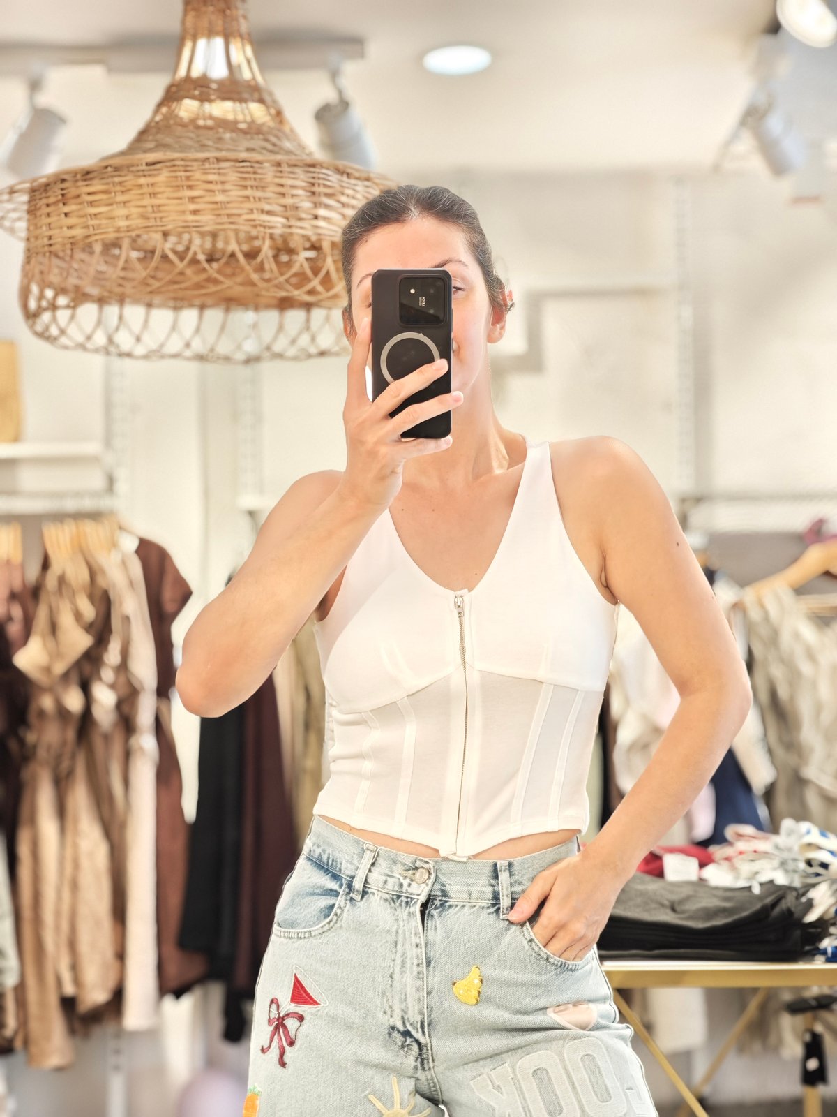 Önden Fermuarlı Body Ekru