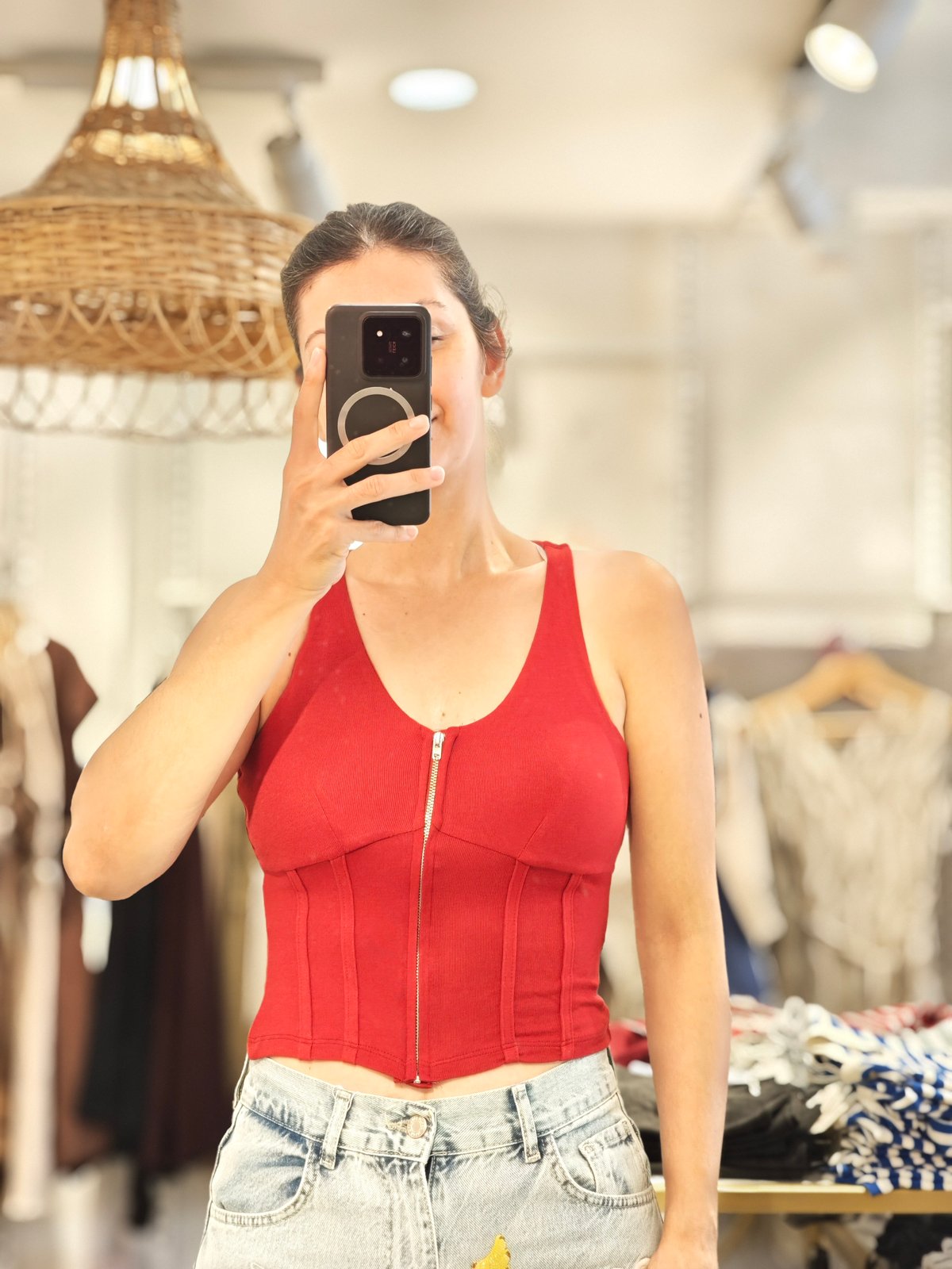 Önden Fermuarlı Body Kırmız