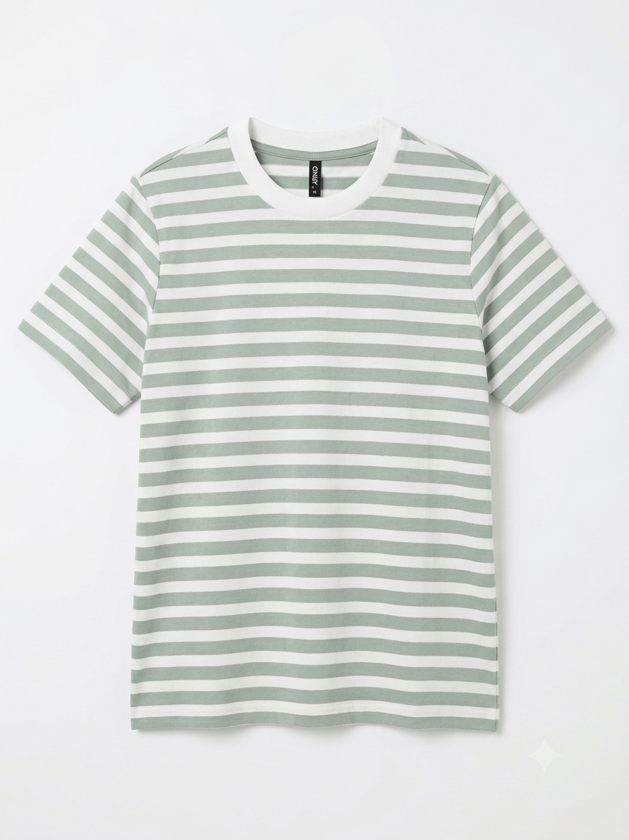 Sıfır Yaka Çizgili Tshirt Yeşil