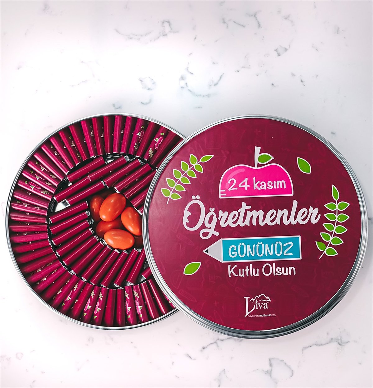 Metal Kutu Öğretmenler Günü Çikolatası Kırmızı Tasarım (80 Adet Napoliten Çikolata)
