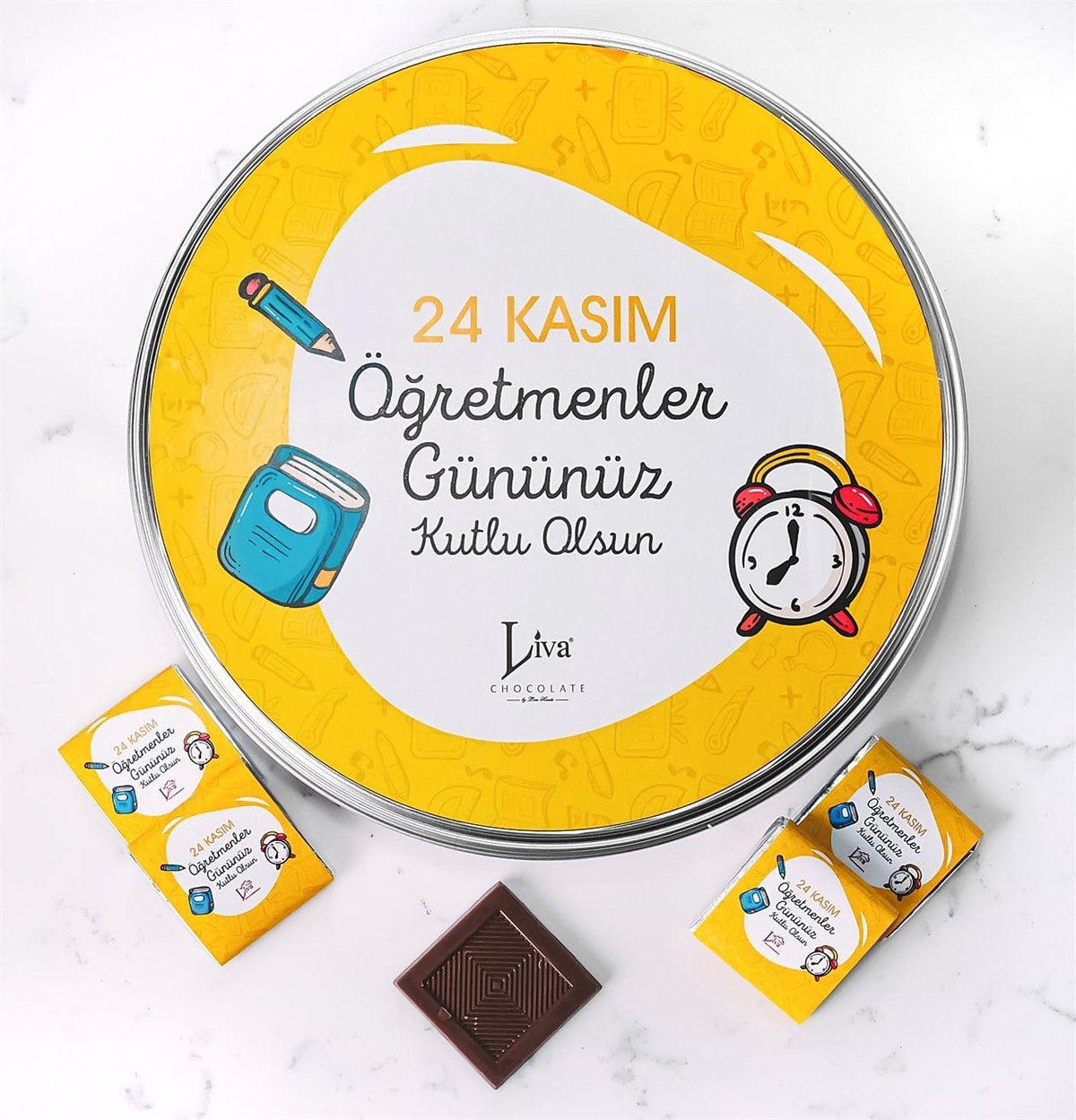 Metal Kutu Öğretmenler Günü Çikolatası Sarı Tasarım (80 Adet Napoliten Çikolata)