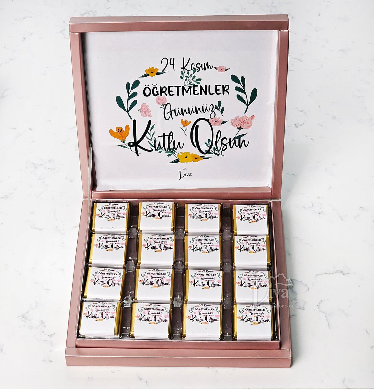 Öğretmenler Günü Çiçekli Tasarım Sargılı Madlen Çikolata 48'li Paket
