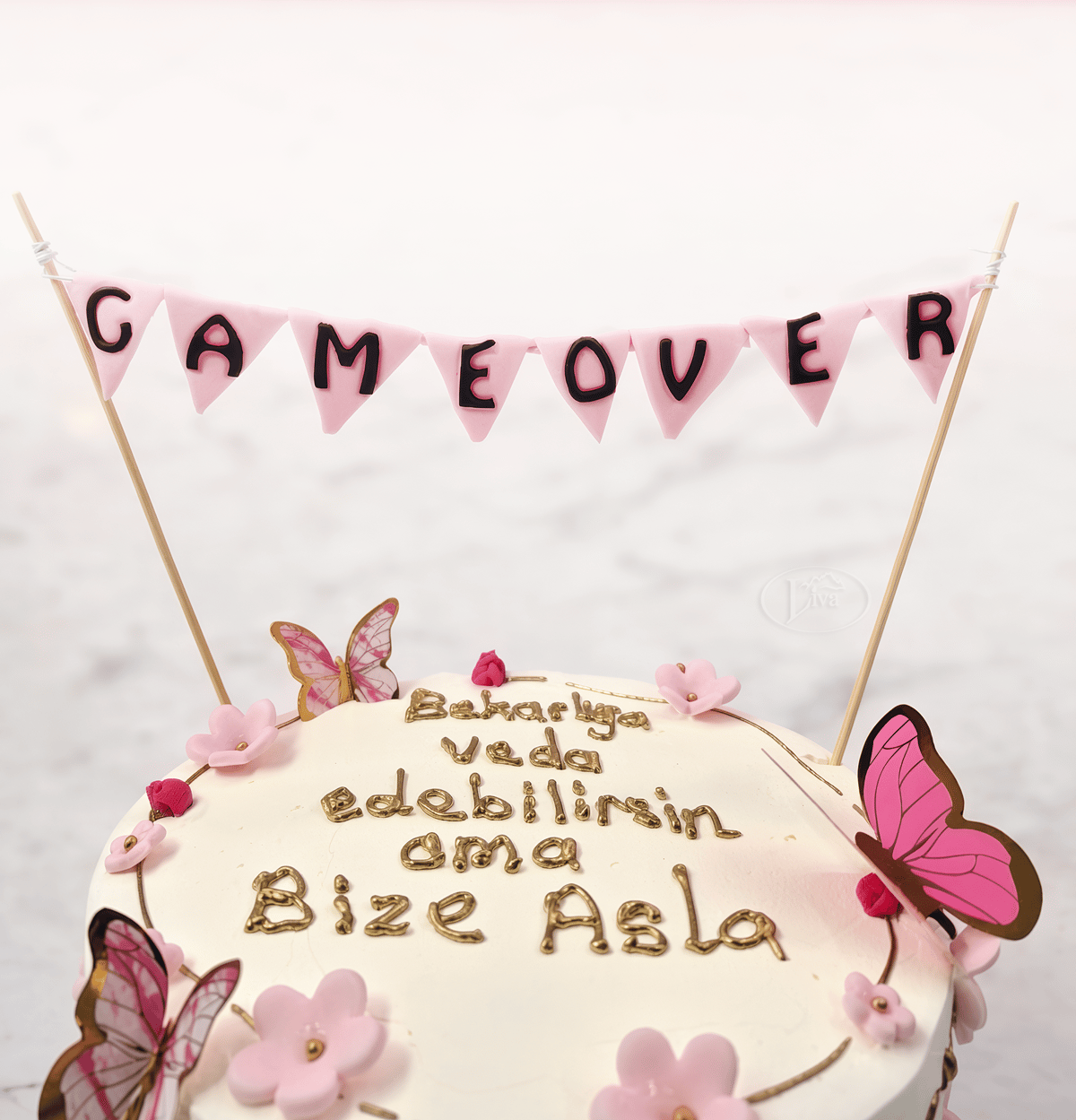 Pembe Kelebek Bekarlığa Veda Yazılı Pasta