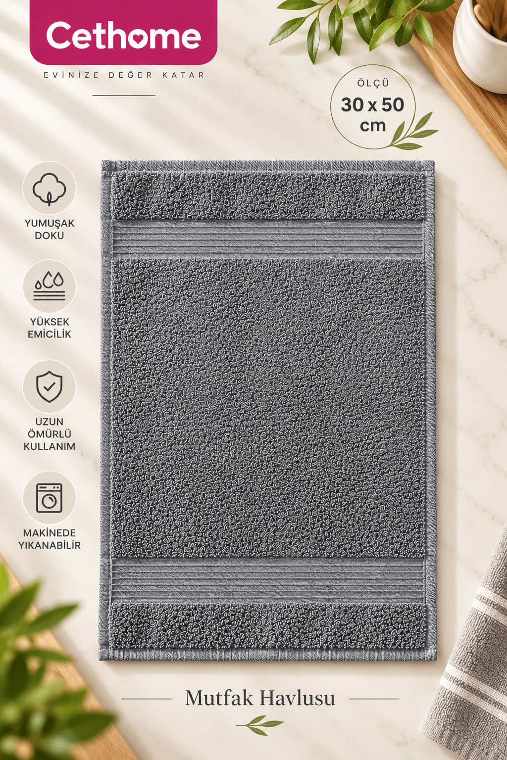 ÇetHome 30x50 Antrasit Renk Mutfak Havlusu