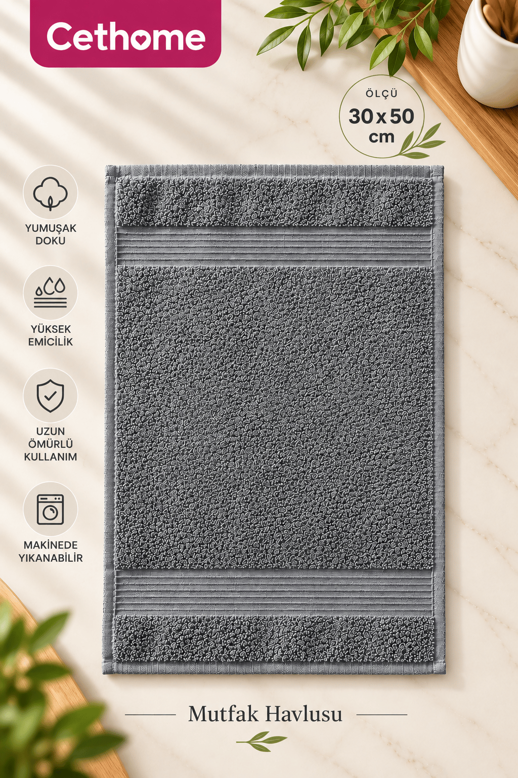 ÇetHome 30x50 Antrasit Renk Mutfak Havlusu
