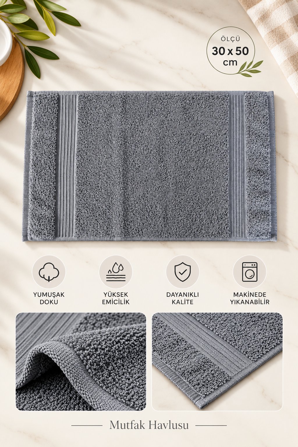 ÇetHome 30x50 Antrasit Renk Mutfak Havlusu