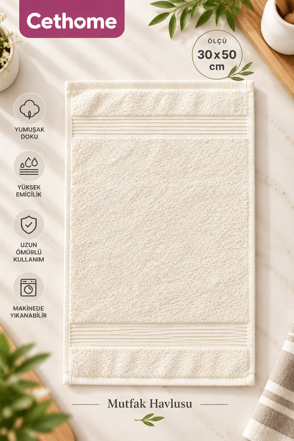 ÇetHome 30x50 Ekru Renk Mutfak Havlusu