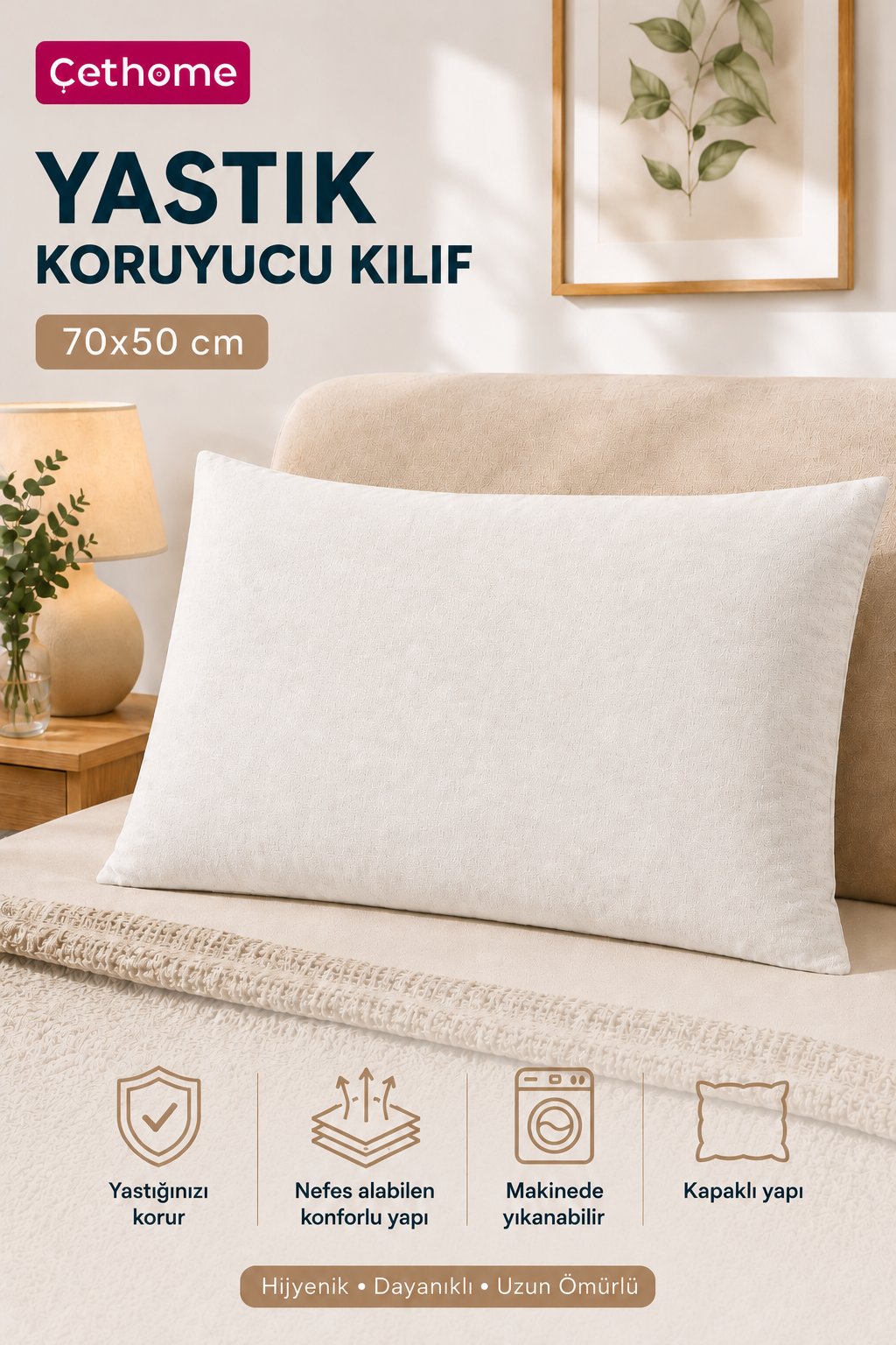 ÇetHome 50x70 cm Ekru Yastık Koruyucu Kapaklı Kılıf
