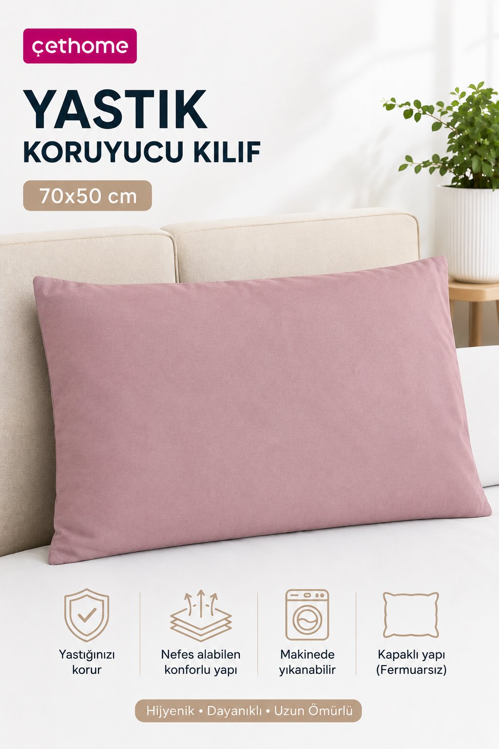 ÇetHome 50x70 cm Gülkurusu Yastık Koruyucu Kapaklı Kılıf