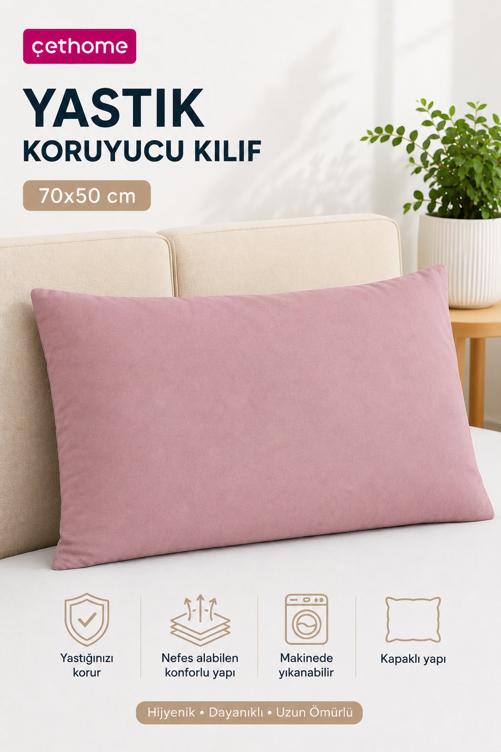 ÇetHome 50x70 cm Gülkurusu Yastık Koruyucu Kapaklı Kılıf