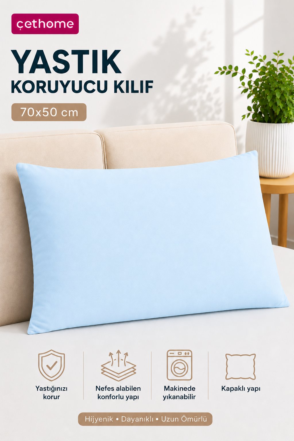 ÇetHome 50x70 cm Mavi Yastık Koruyucu Kapaklı Kılıf
