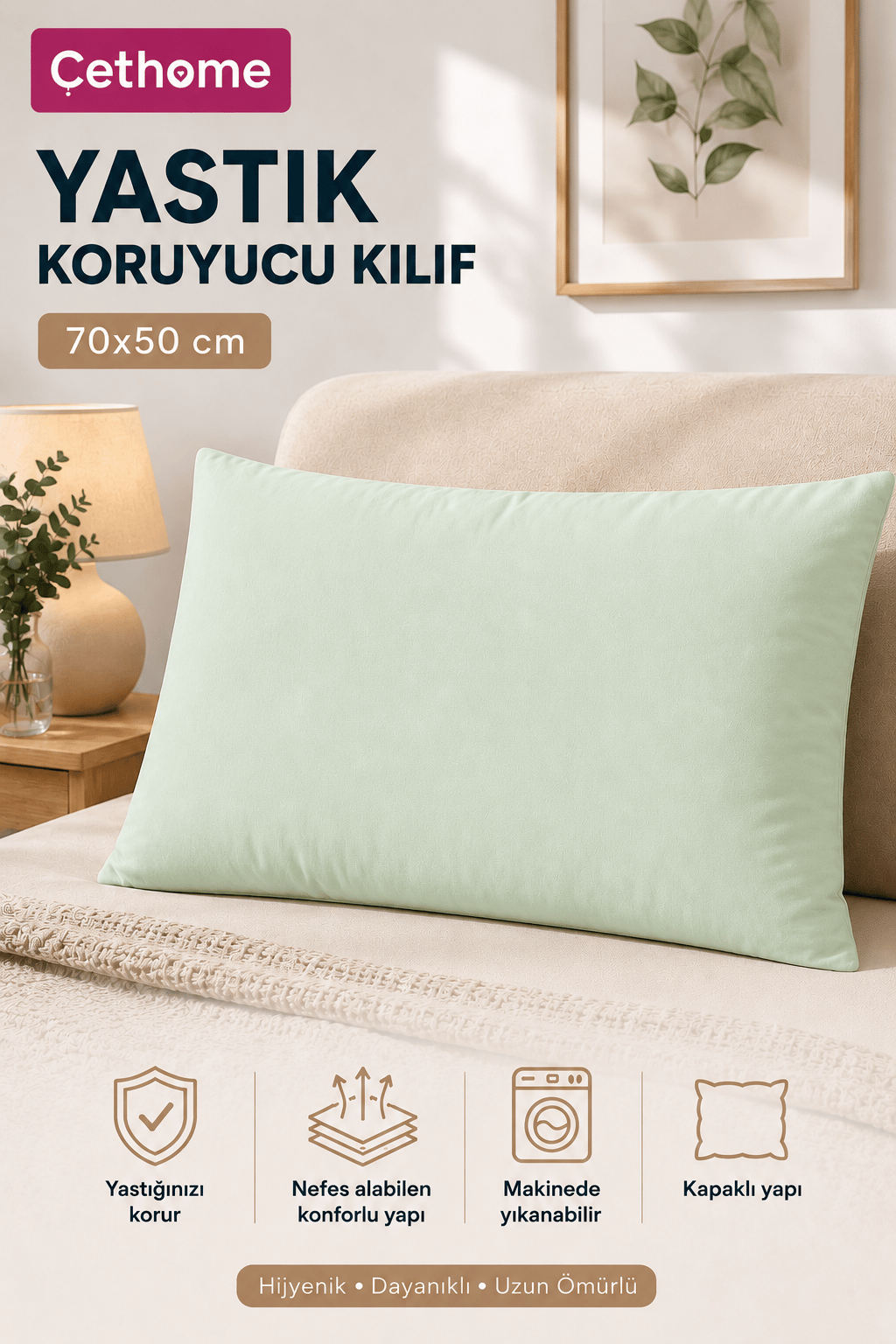 ÇetHome 50x70 cm Yeşil Yastık Koruyucu Kapaklı Kılıf
