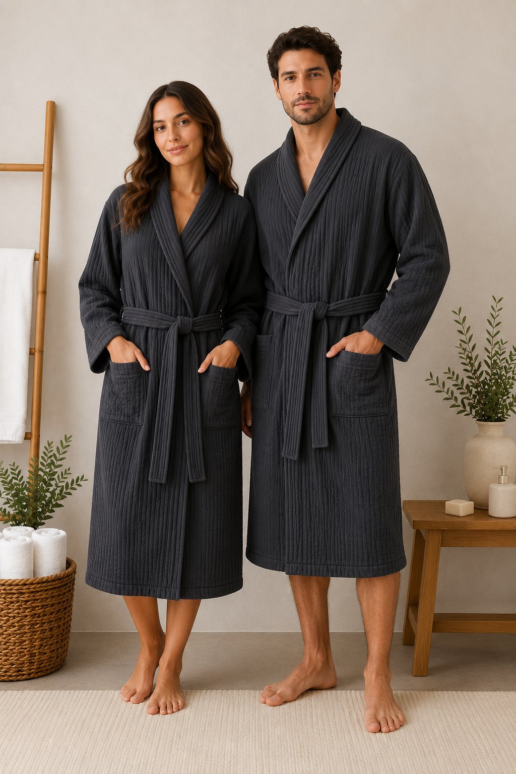 ÇetHome Antrasit Renk Kemerli Unisex %100 Pamuklu Müslin Kumaş Bornoz