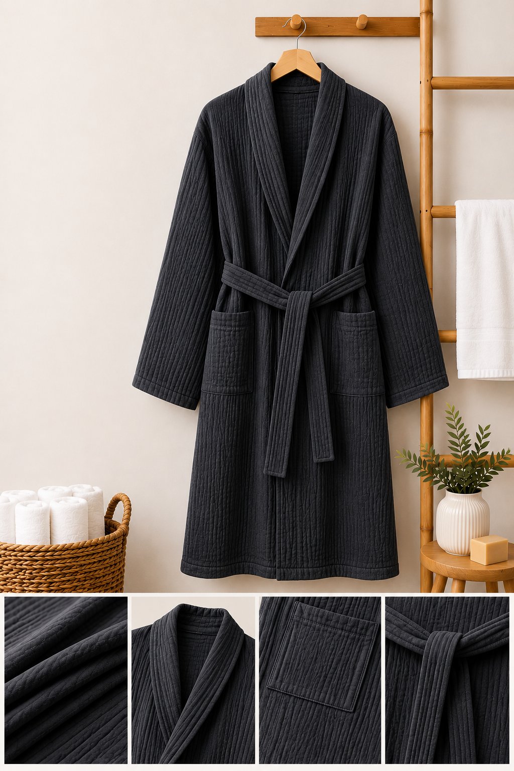 ÇetHome Antrasit Renk Kemerli Unisex %100 Pamuklu Müslin Kumaş Bornoz
