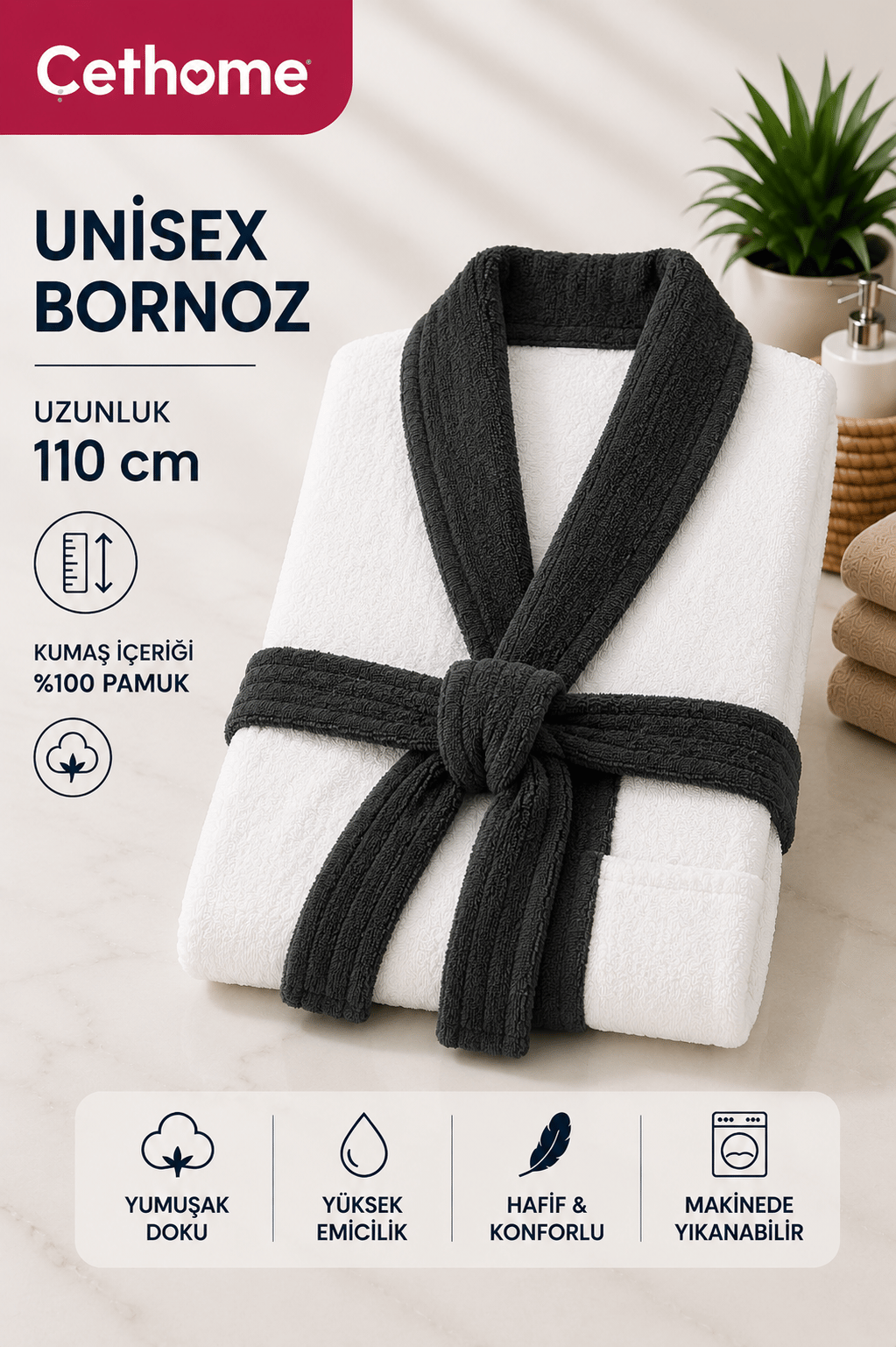 ÇetHome Beyaz Renk Antrasit Kemerli Unisex %100 Pamuklu Bornoz