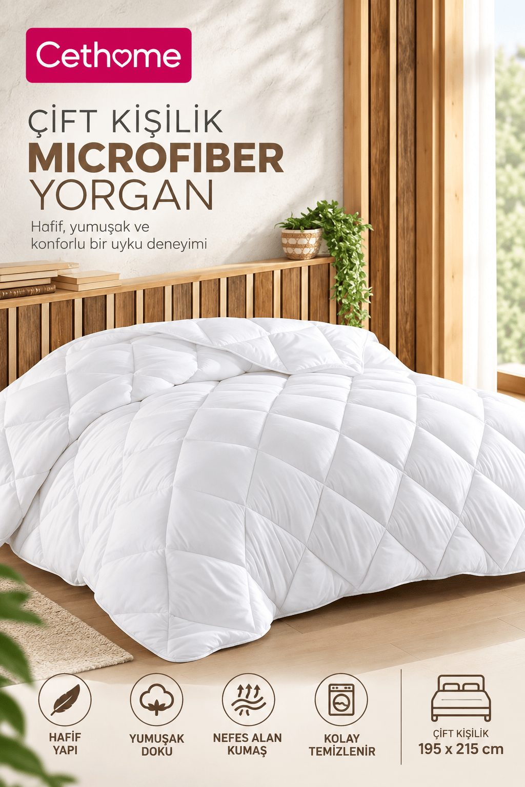 ÇetHome Beyaz Renk Çift Kişilik Yorgan 195x215