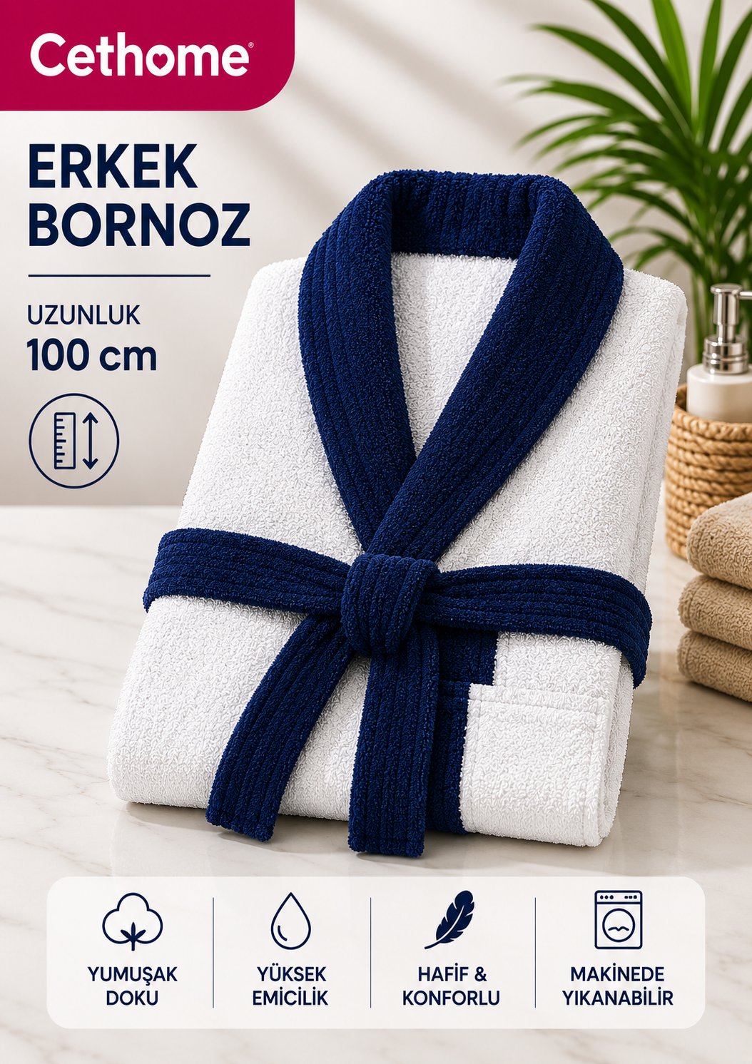 ÇetHome Beyaz Renk Lacivert Kemerli Erkek %100 Pamuklu Bornoz
