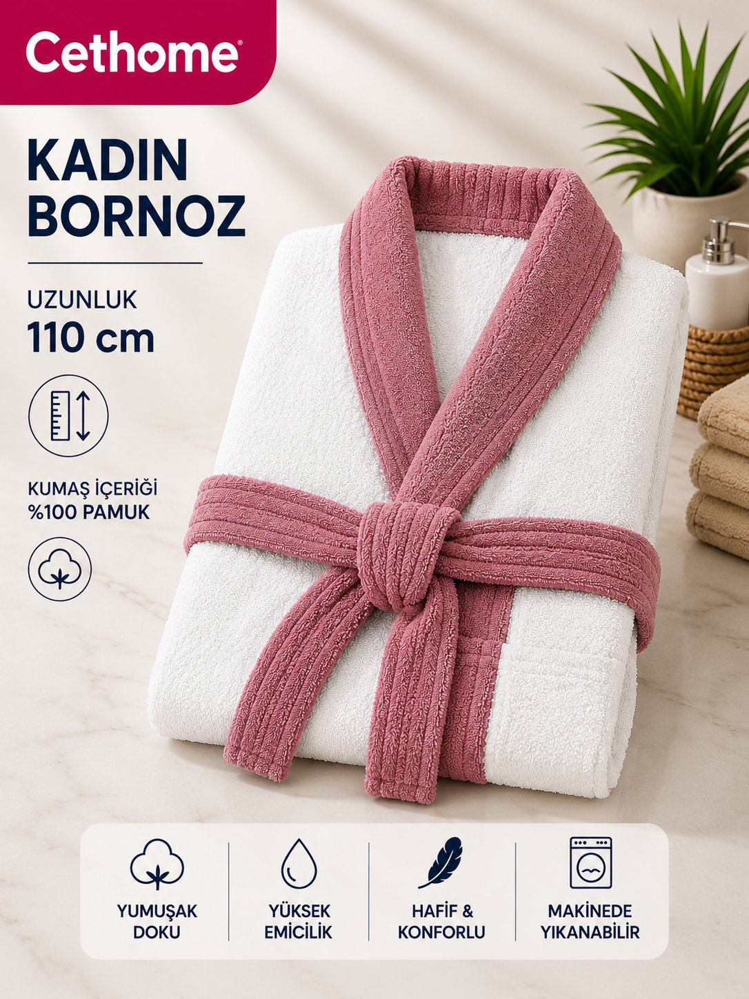 ÇetHome Beyaz Renk Pembe Kemerli Kadın %100 Pamuklu Bornoz