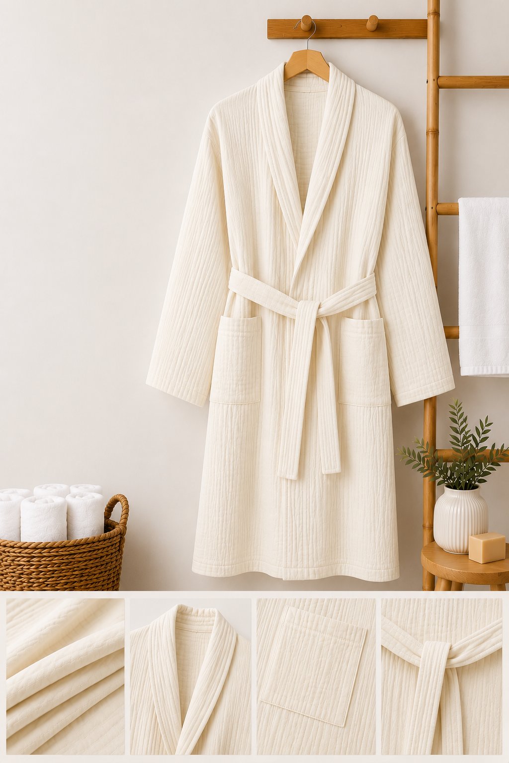 ÇetHome Ekru Renk Unisex Kemerli %100 Pamuklu Müslin Kumaş Bornoz