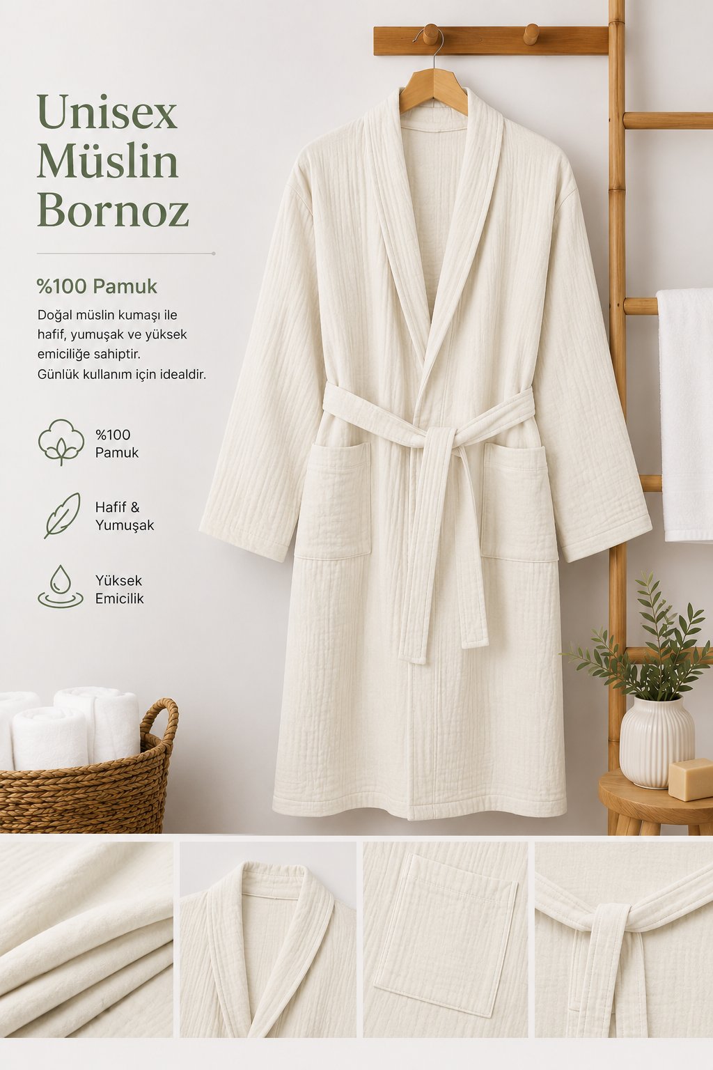 ÇetHome Ekru Renk Unisex Kemerli %100 Pamuklu Müslin Kumaş Bornoz