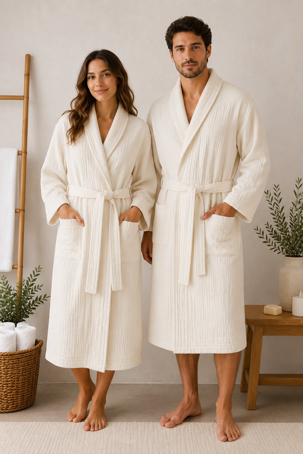 ÇetHome Ekru Renk Unisex Kemerli %100 Pamuklu Müslin Kumaş Bornoz