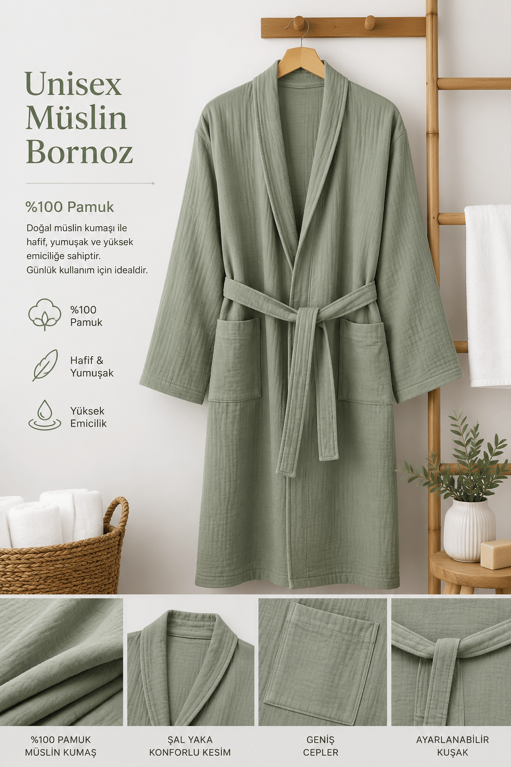 ÇetHome Füme Renk Kemerli Unisex %100 Pamuklu Müslin Kumaş Bornoz