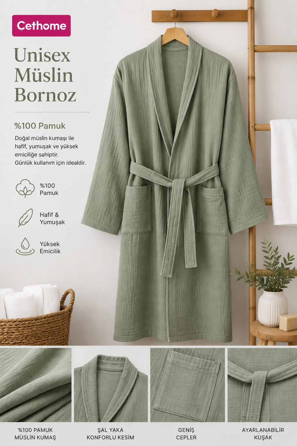 ÇetHome Füme Renk Kemerli Unisex %100 Pamuklu Müslin Kumaş Bornoz