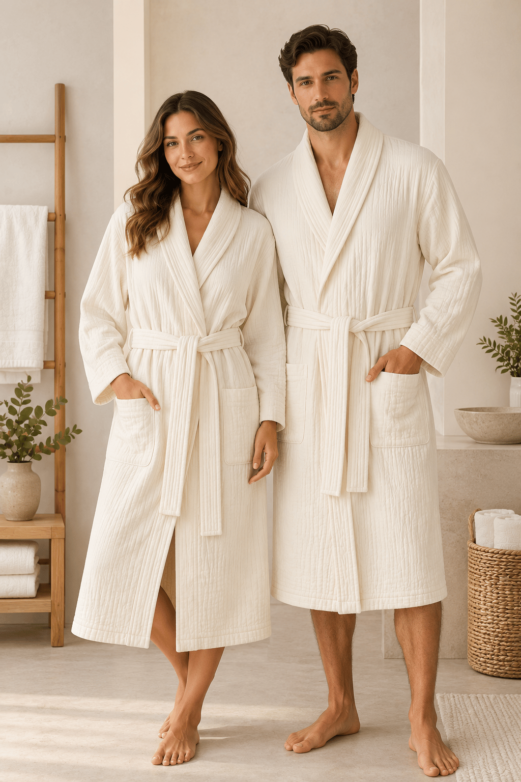ÇetHome Kırık Beyaz Renk Unisex Kemerli %100 Pamuklu Müslin Kumaş Bornoz