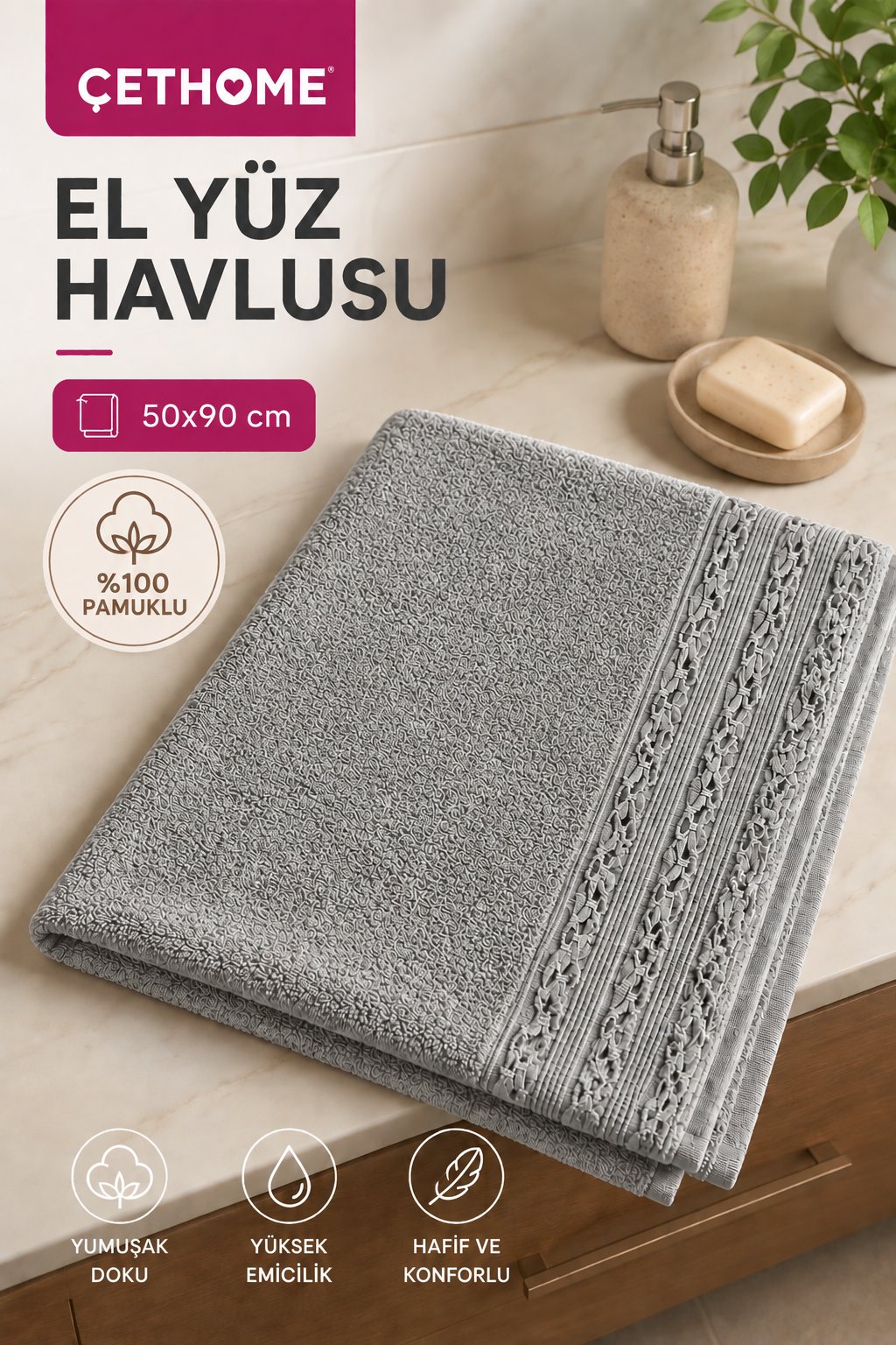 ÇetHome Koyu Gri Renk Motifli El Yüz Havlusu