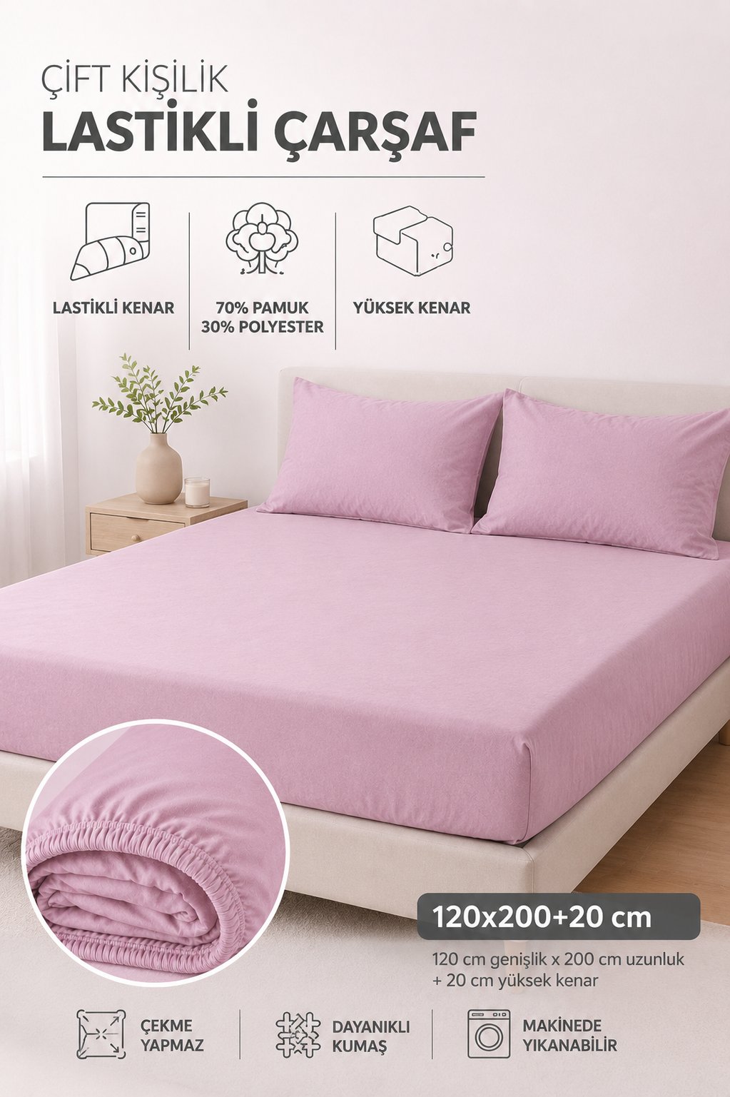ÇetHome Pamuklu Gül Kurusu Lastikli Çift Kişilik Çarşaf 160*200 cm