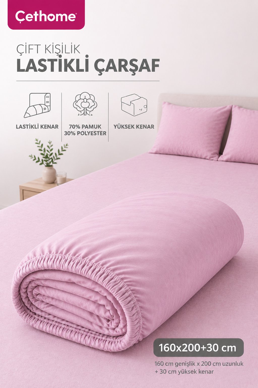 ÇetHome Pamuklu Gül Kurusu Lastikli Çift Kişilik Çarşaf 160*200 cm