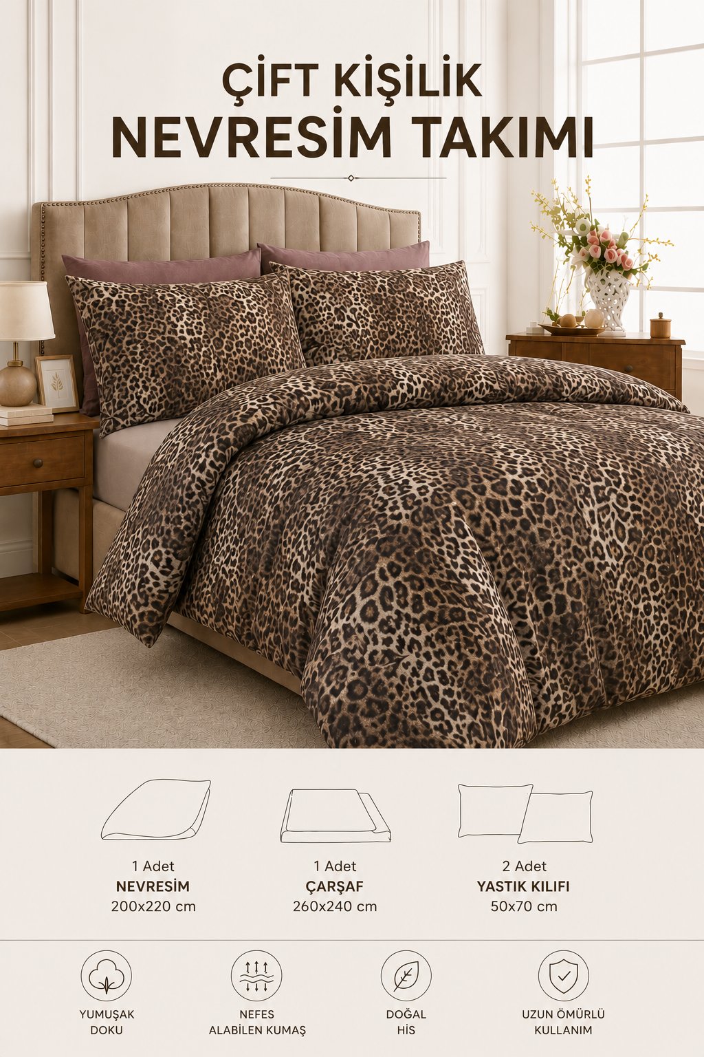 ÇetHome Pamuklu Leopar Desenli Çift Kişilik Nevresim Takımı